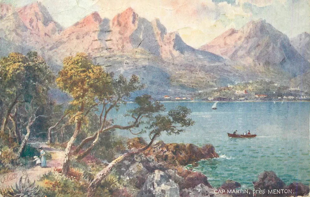 Cap Martin, perto de Menton — paisagem marítima com montanhas e barco — editor Tuck - Frente