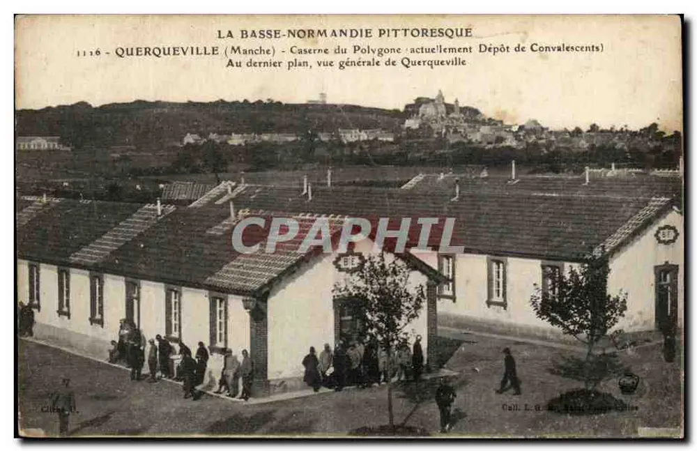 Querqueville (Manche) — Caserne du Polygone (actuellement Dépôt de Convalescents) — vue générale — éditeur Calle, E. & Cie, Paris - Recto
