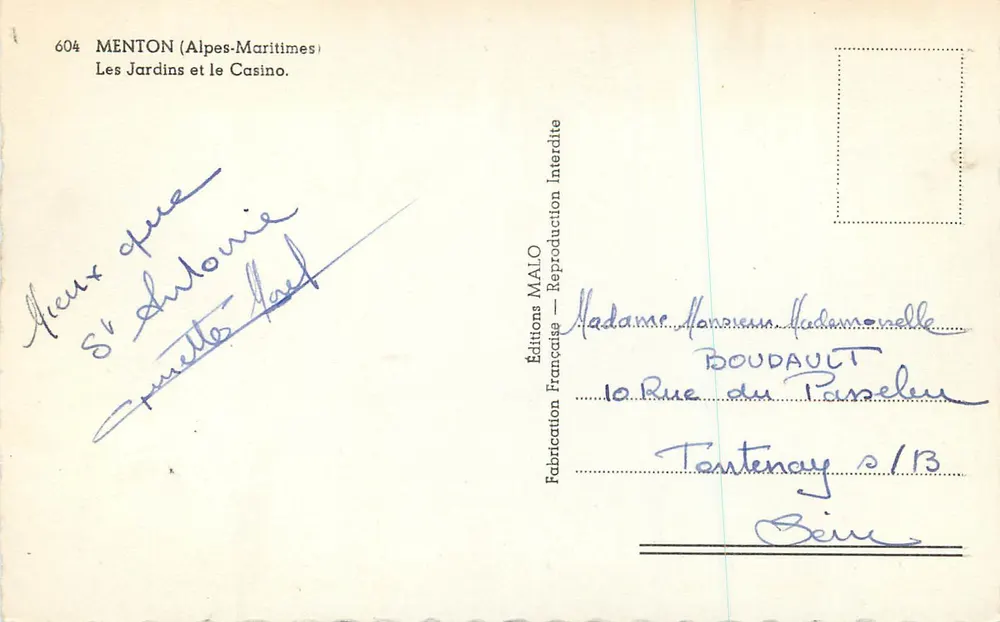 Menton (Alpes-Maritimes) — Die Gärten und das Casino — Editions MALO n°604 - Rückseite
