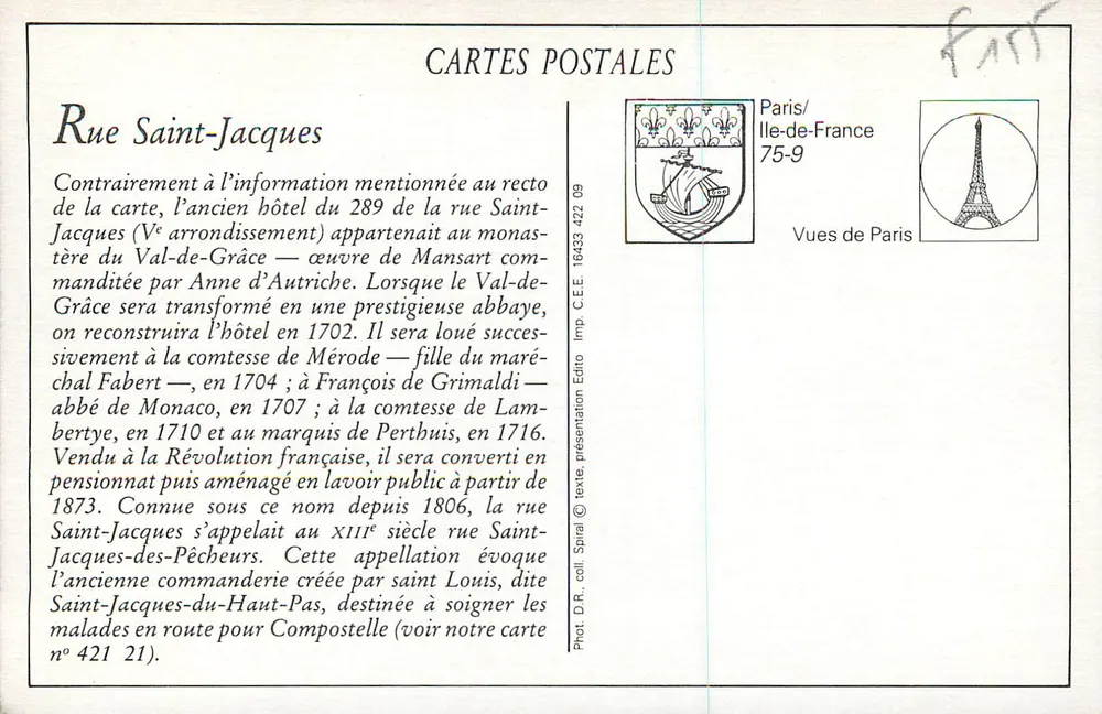 Eingang eines Hotels, gebaut für Catherine de' Medici — Paris, rue Saint-Jacques — Verlag: Le Cliche - Rückseite