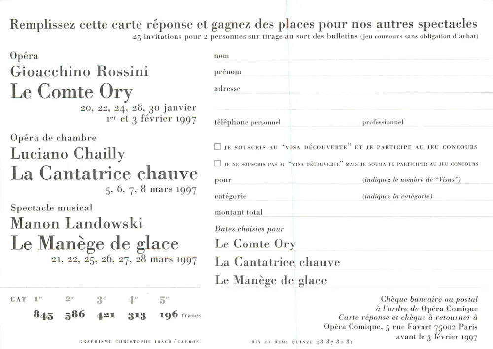 Opéra Comique — Spectacles hiver 1996-1997 — Ministère de la Culture et AGF - Verso