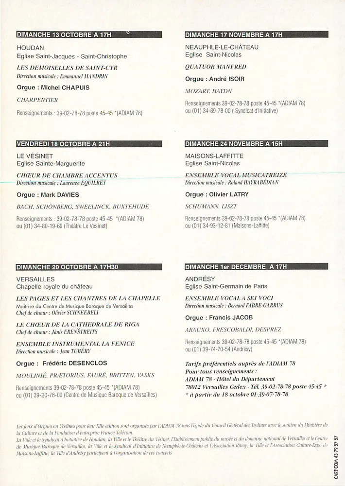 Jeux d'Orgues en Yvelines — XIIe édition - Automne 1996 — ADIAM 78 et Conseil Général Yvelines - Verso