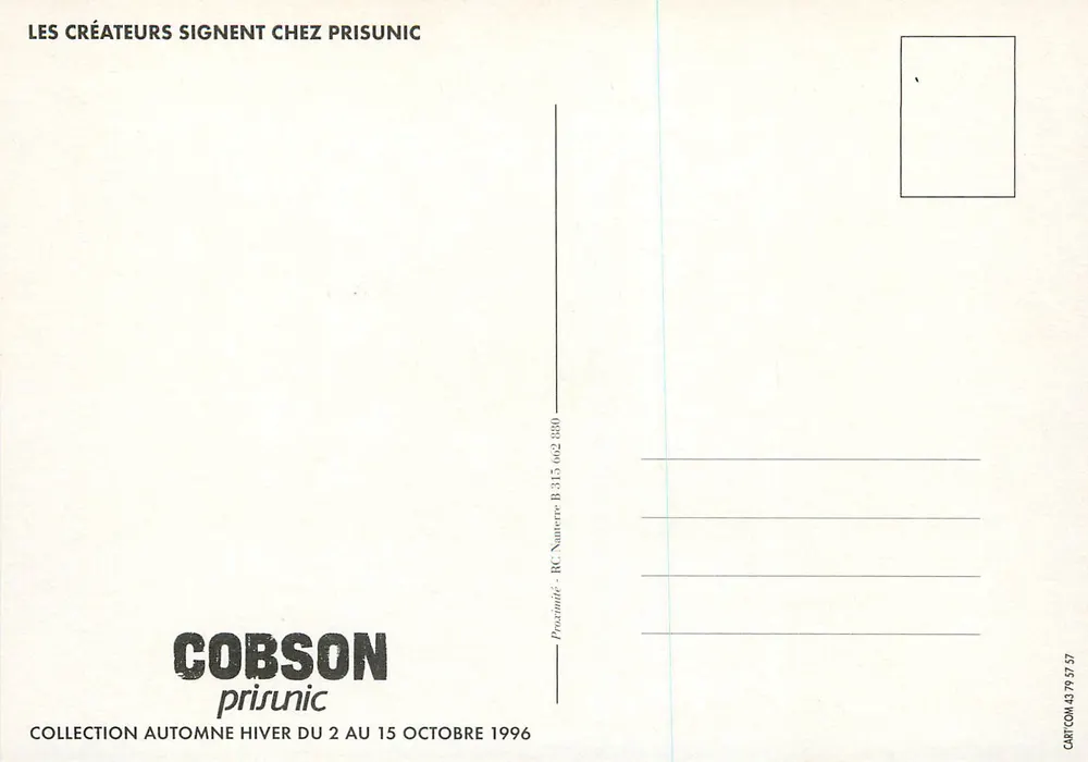 Mannequin en tenue Cobson — publicité Prisunic — édition Prisunic - Verso
