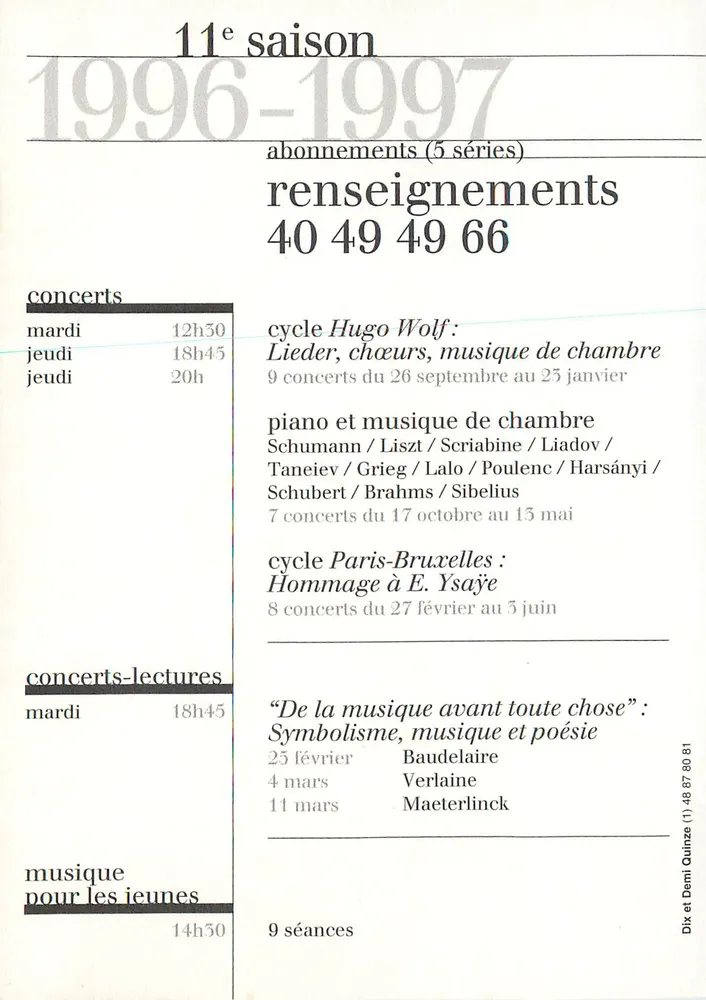 Música no Museu d'Orsay — concertos, concertos-lecturas, música para os jovens — editor M'O, número de série não visível - Verso