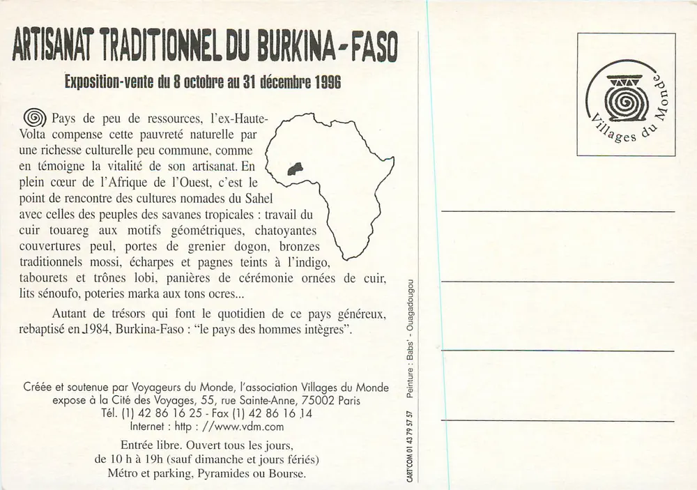 Traditionelle Handwerke aus Burkina-Faso — Ausstellung-Verkauf 8. Oktober–31. Dezember 1996 — Villages du Monde - Rückseite