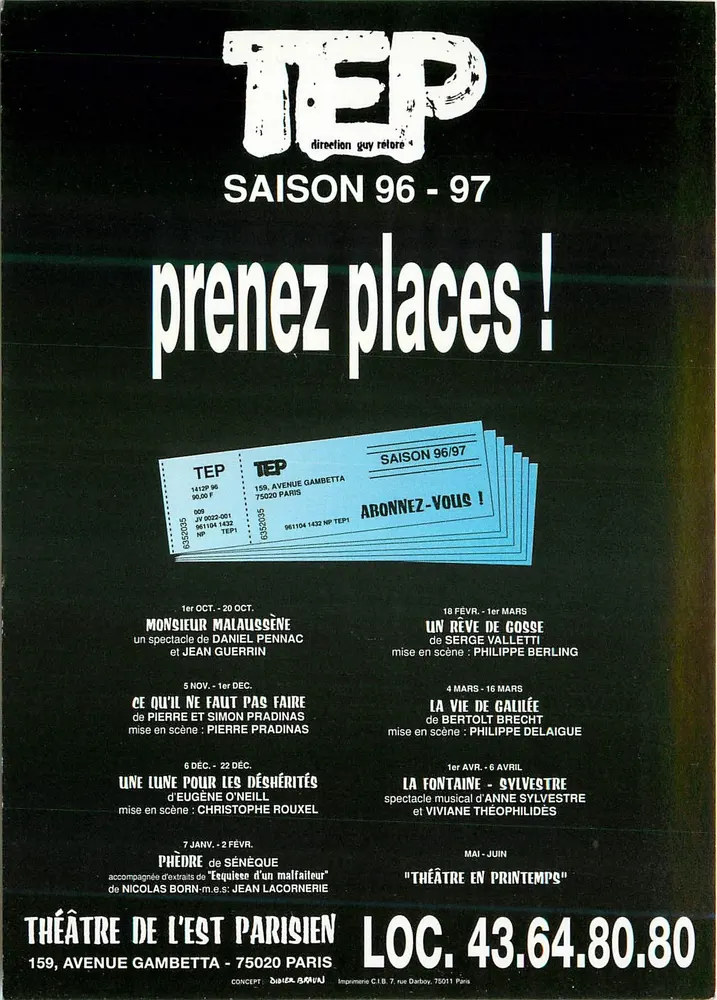Théâtre de l'Est Parisien — Saison 96-97 — Abonnement - Recto