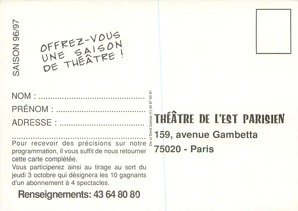 Théâtre de l'Est Parisien — Saison 96-97 — Abonnement - Verso