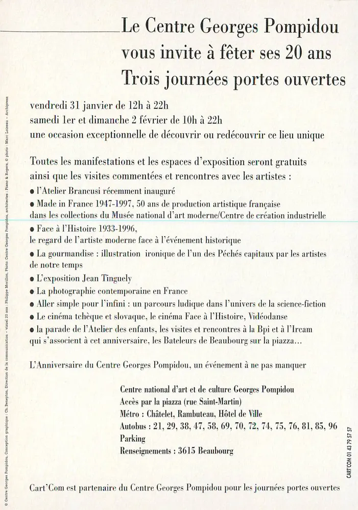 Centro Georges Pompidou — 20 anos — Dias de portas abertas - Verso