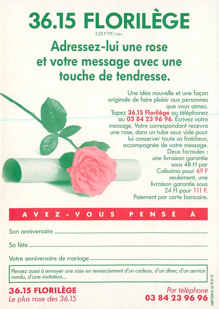 36.15 Florilège — Telefonwerbung für die Lieferung einer Rose und einer Nachricht — Hauteuil & Cart'com - Rückseite