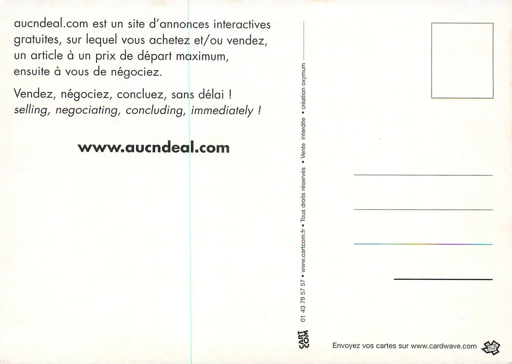 Esqueleto com peixe esquelético — publicidade para aucnddeal.com — editor CART.COM, número de série não visível - Verso