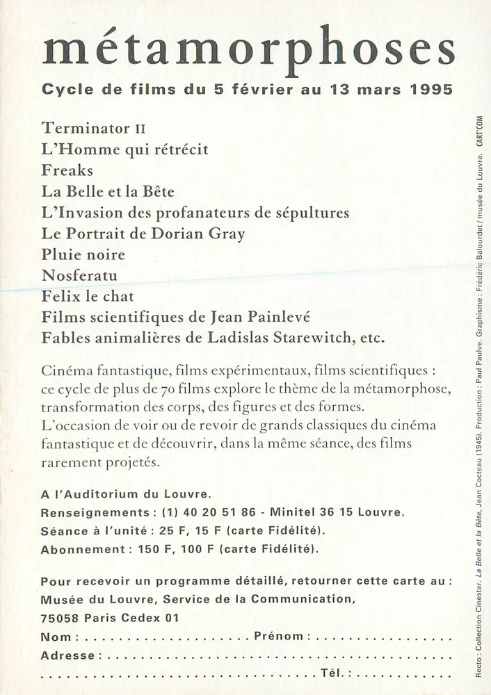 Metamorphosen — Filmzyklus im Louvre Auditorium — 5. Februar bis 13. März 1995 - Rückseite