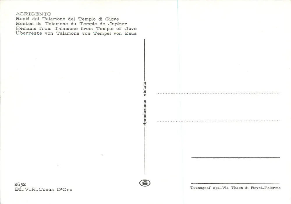 Agrigento — Pozostałości Talamone z Tempelu Jowisza — Ed. V.R. Conca D'Oro n° 2652 - Rewers