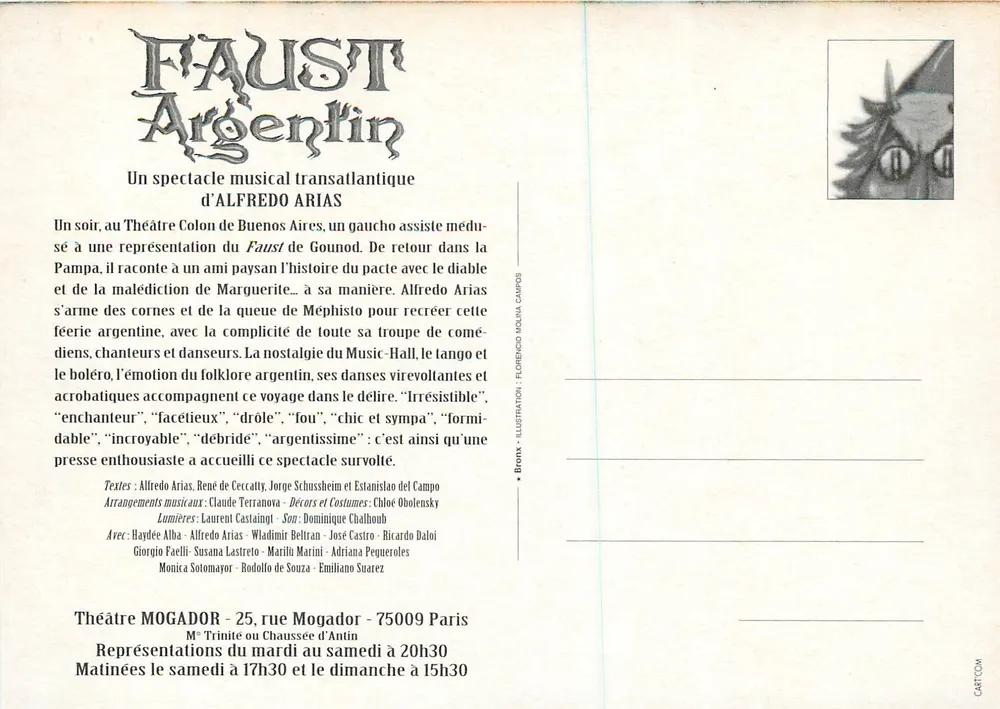 Faust Argentin — Spectacle musical transatlantique — Alfredo Arias - Verso