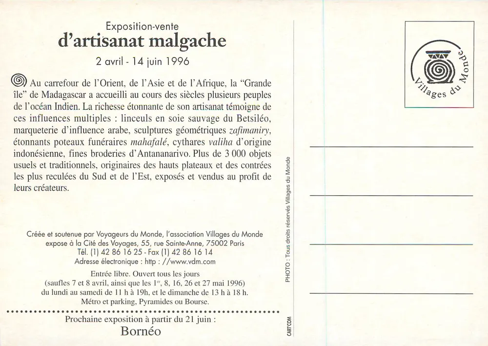 O artesanato malgaxe — exposição-venda 2 abril - 14 junho 1996 — Villages do Mundo - Verso