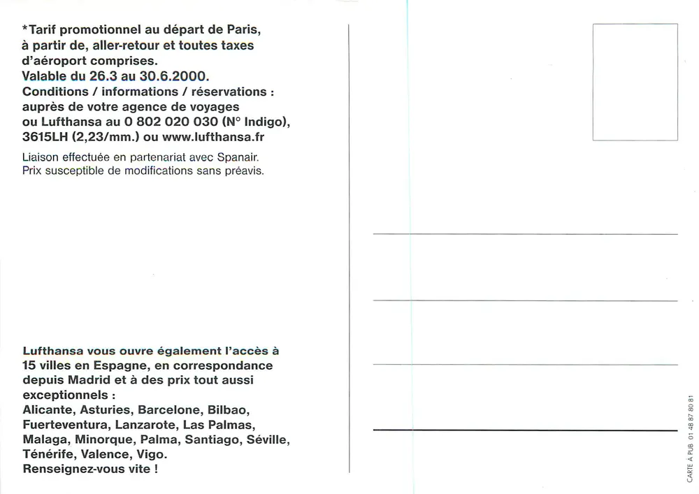 Paris - Madrid — Voo direto Lufthansa — publicidade aérea - Verso