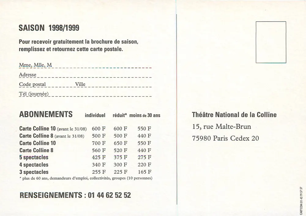 Saison 1998/1999 — Théâtre National de la Colline — Affiche de programmation - Verso