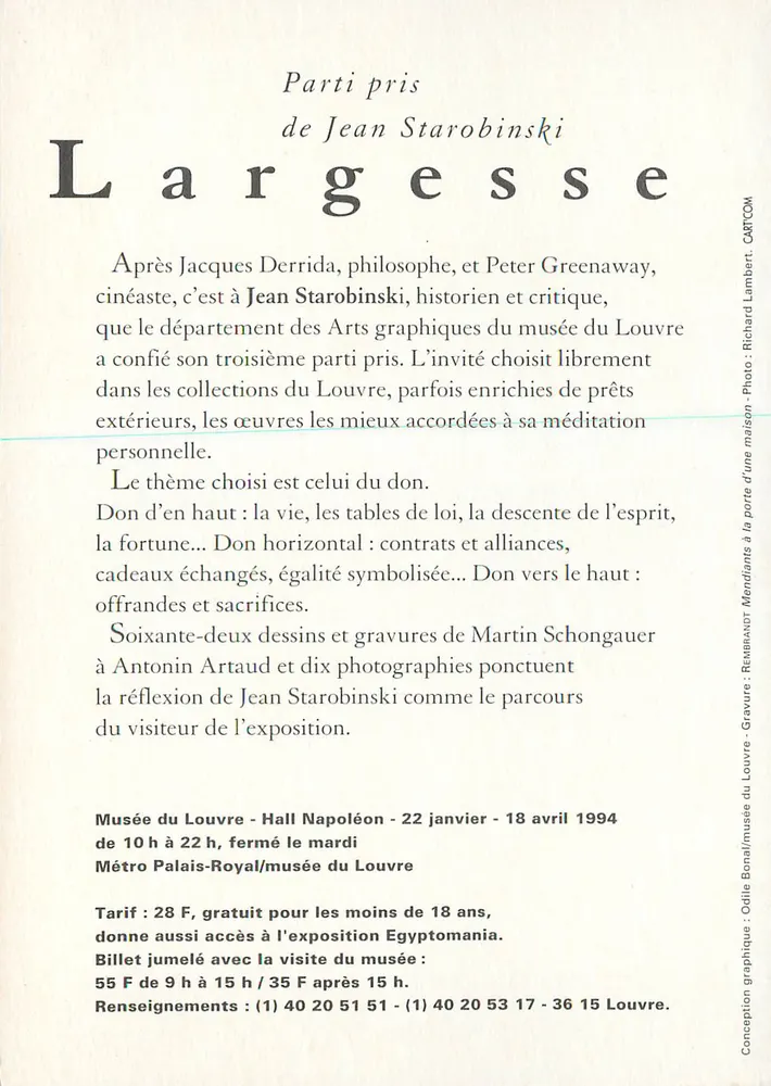 Exposição Largesse — Parti pris de Jean Starobinski — Museu do Louvre - Verso