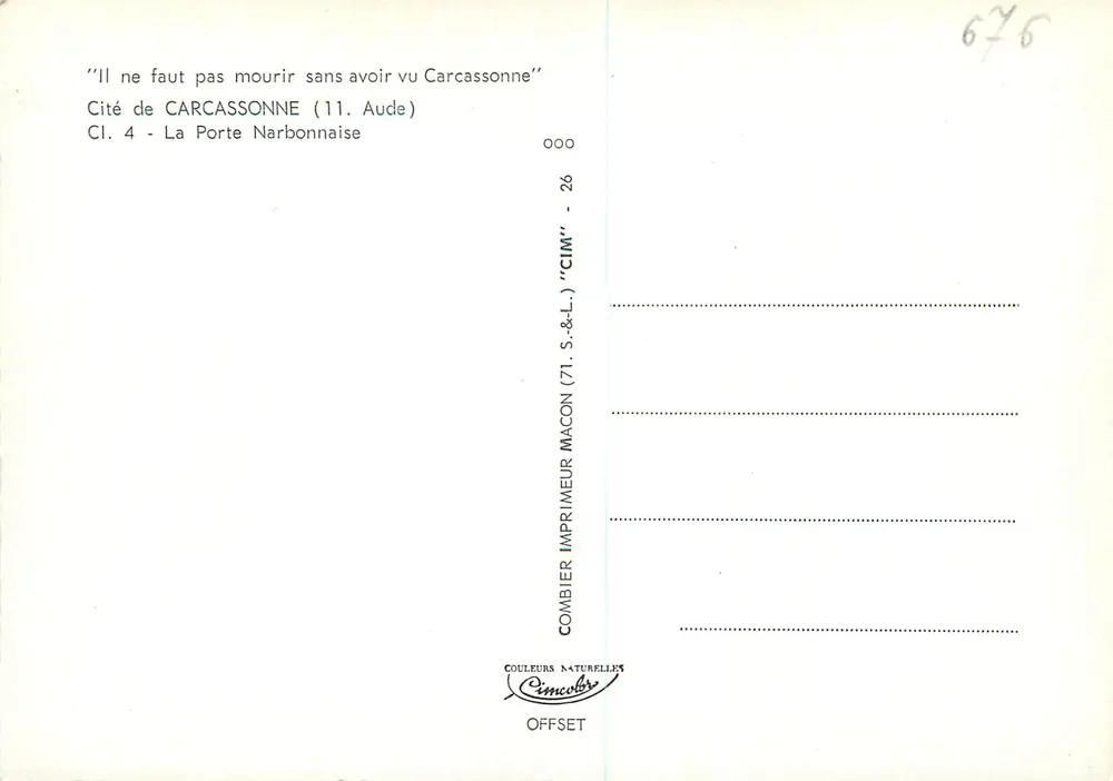 Cité de Carcassonne — A Porta Narbonnese — Combier (71. S.&L.) - Verso