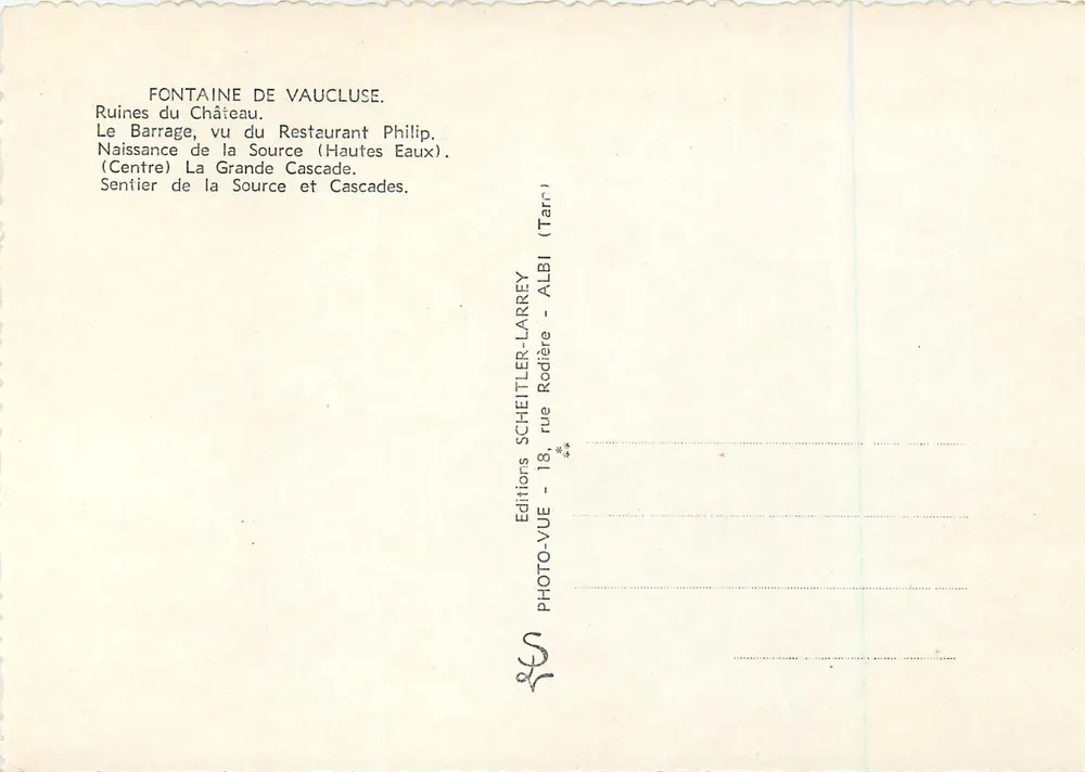 Fontes de Vaucluse — Ruínas do castelo, barragem, nascente e cachoeiras — Edições Scheitler-Larrey - Verso