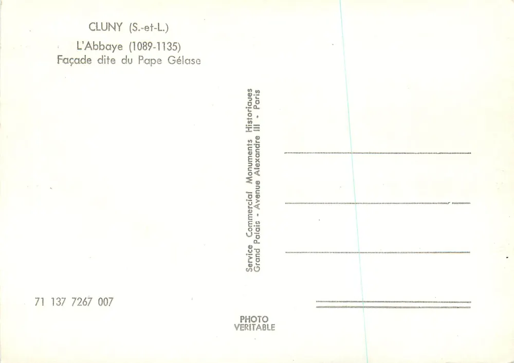 Cluny (S.-et-L.) — L'Abbaye (1089-1135) — Façade dite du Pape Gélase — Service Commercial Monuments Historiques, Grand Palais, Avenue Alexandre III, Paris - Verso