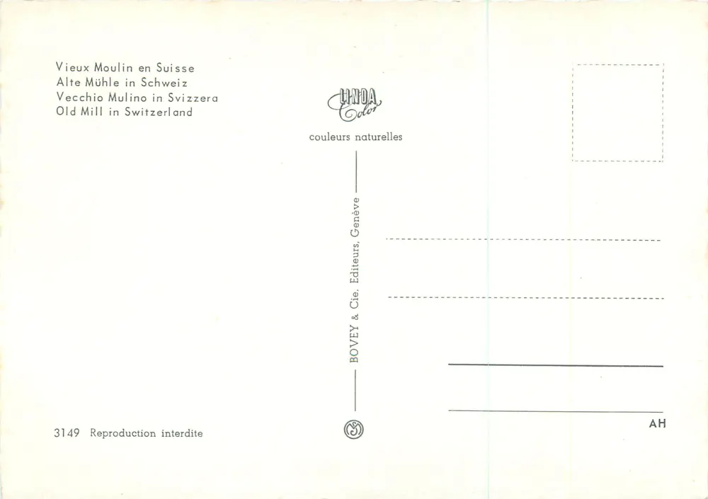 Moinho a água na Suíça — vista antiga — BOVEY & Cie, Genebra, n° 3149 - Verso