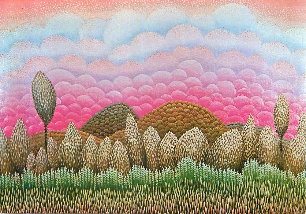 Stilisierte Landschaft — rosa Himmel und Wolken — Galerie Sebastian Atlas, Dubrovnik - Vorderseite