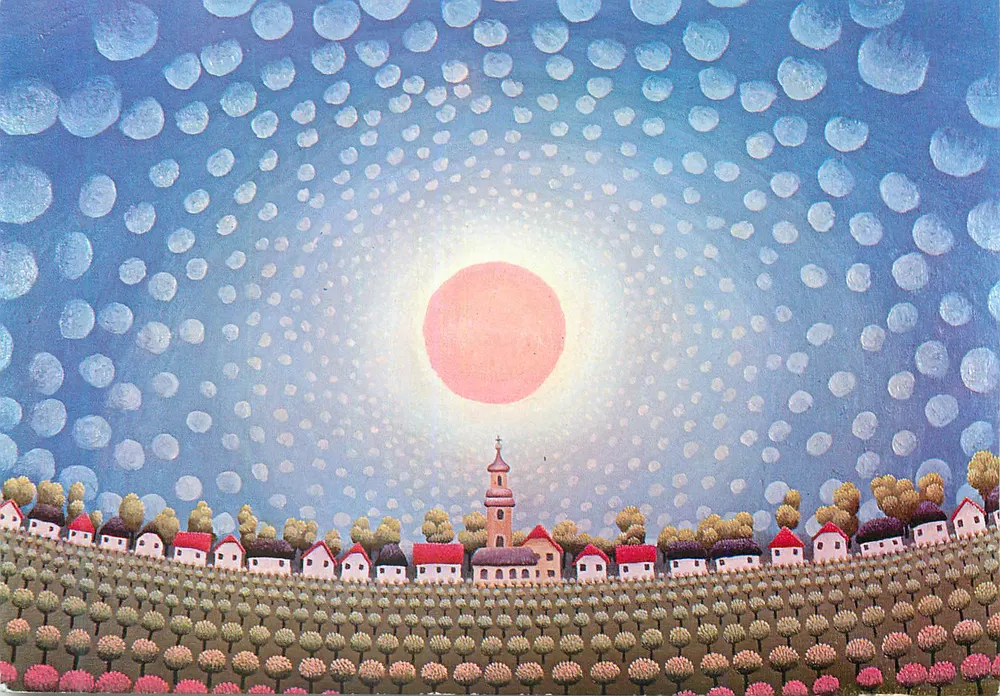 Dorf unter einem Himmel mit Blasen — Werk von Ivan Rabuzin — Galerie Sebastian Atlas, Dubrovnik - Vorderseite