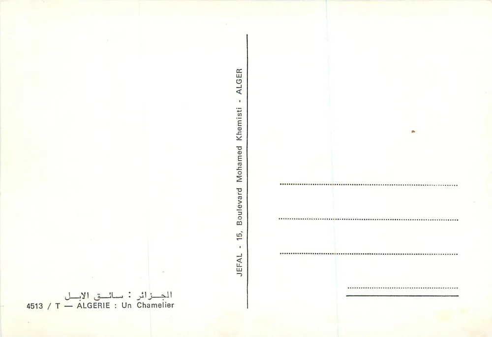 Um chamelier — Argélia — Jefal — editor Mohamed Khemisti, n° 4513 - Verso