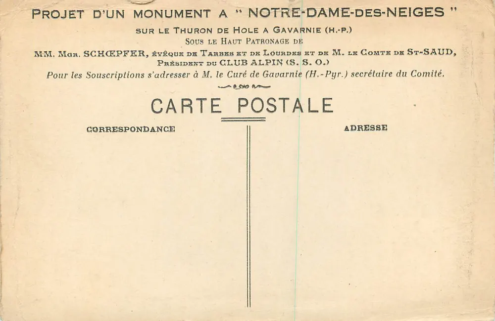 Notre-Dame-des-Neiges — Projekt für ein Denkmal auf dem Thuron von Gavarnie — Ansichtskarte des Alpinen Clubs (S.S.O.) - Rückseite