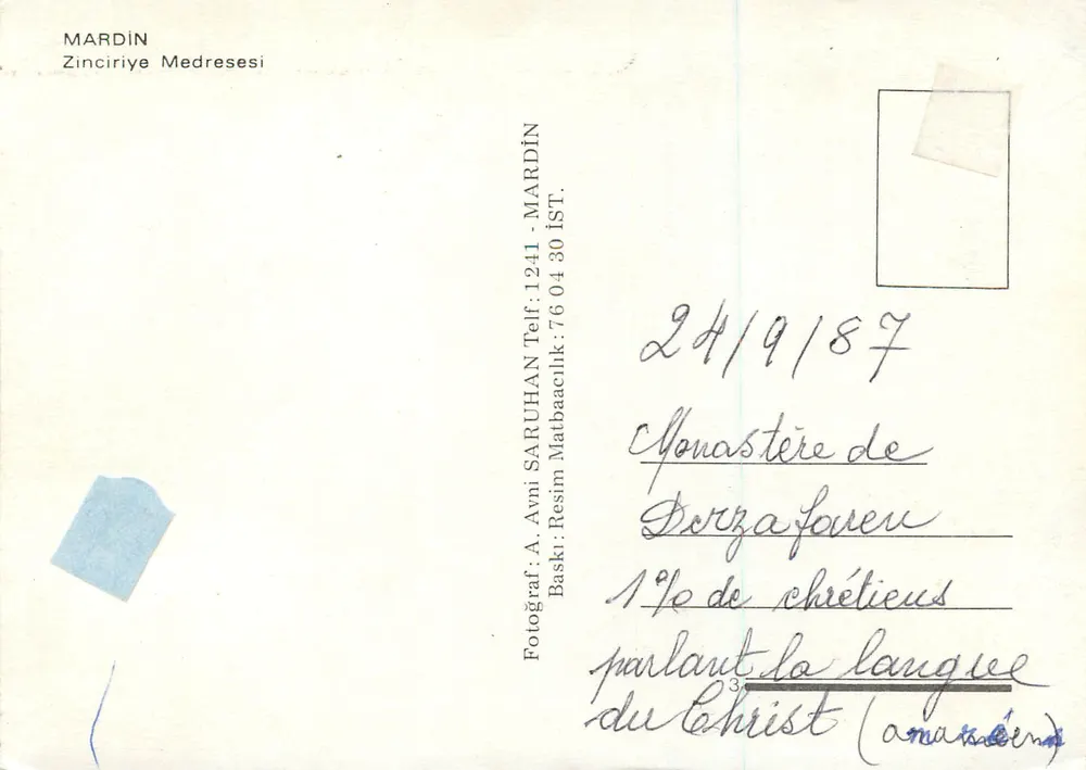 Mardin - Zinciriye Medresesi — Mosteiro de Dorzafoven — Editor A. Avni Saruhan, n°1241 - Verso