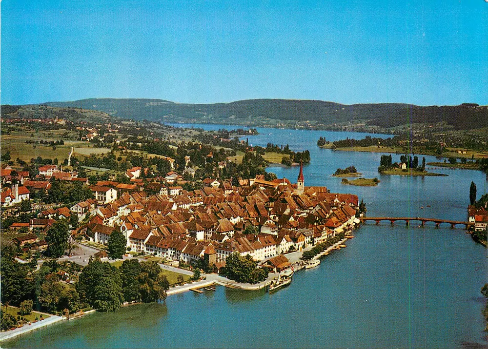 Stein am Rhein — Luftbild mit Insel Werd und See Untersee — foto Gross, St Gallen - Vorderseite