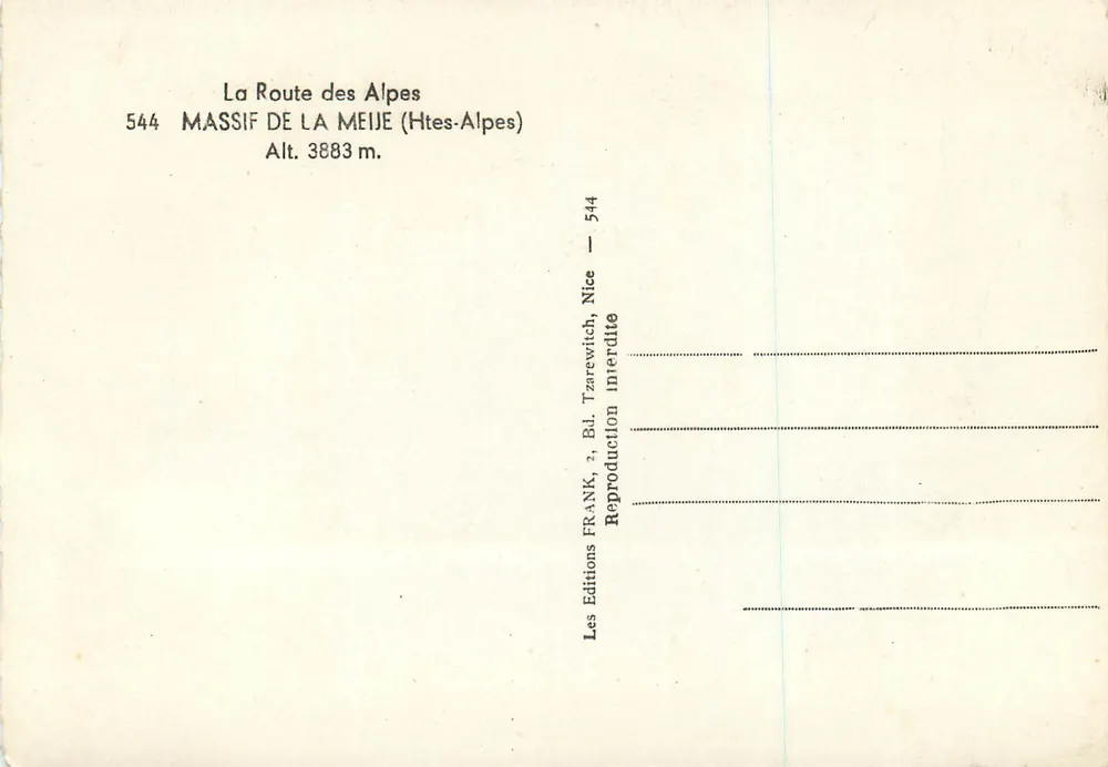 Massif de la Meije — H. 3883 m. — Éditions FRANK, Nizza - Rückseite
