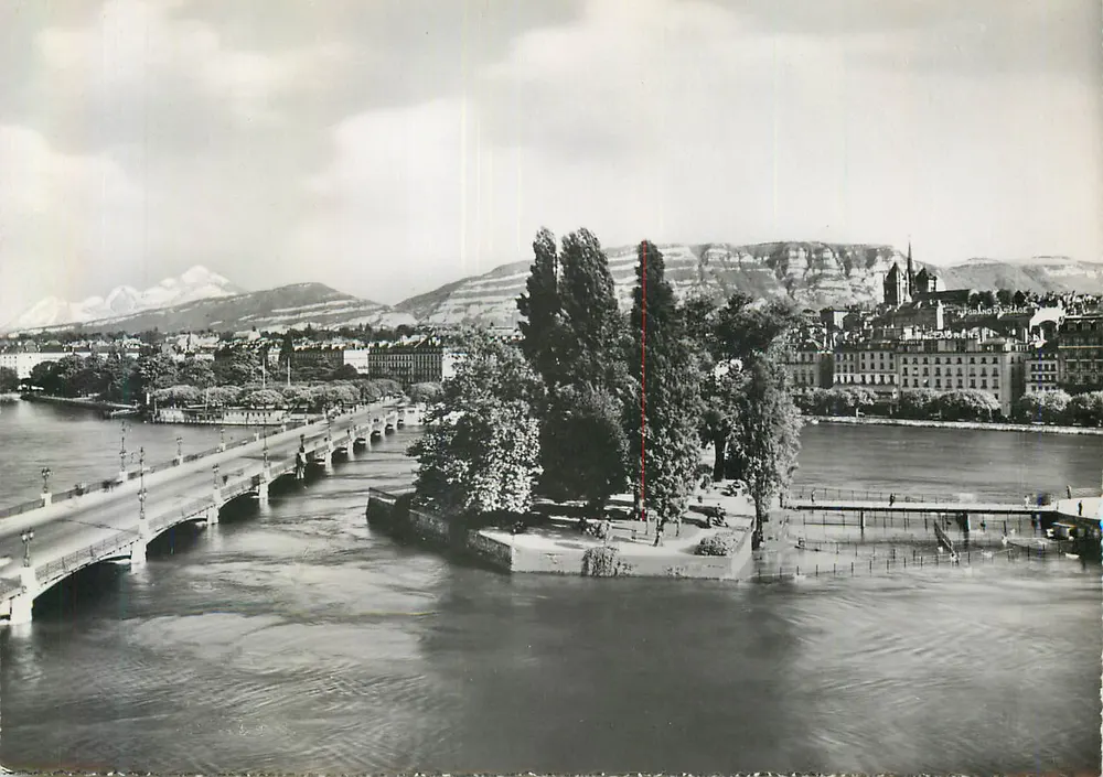 Genève. Île J.J. Rousseau — Ansicht mit dem Mont-Blanc (4810 m.) — Éditions Jaeger Genève, n° 8001 - Vorderseite