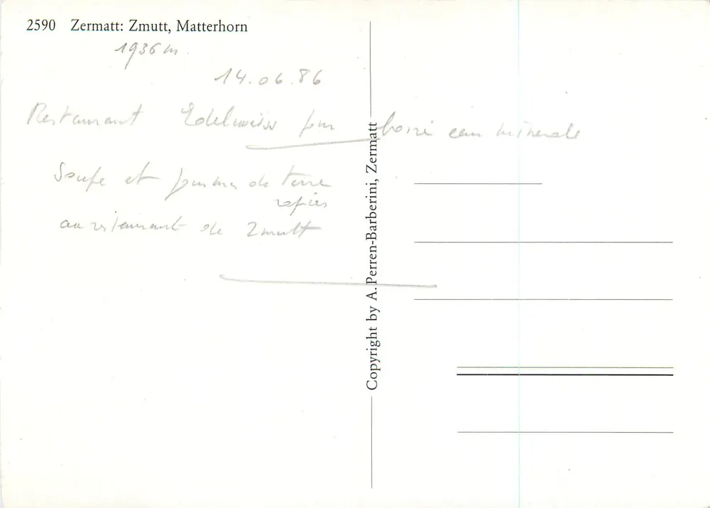 मैटरहॉर्न — जर्मट, 1936 मीटर — कॉपीराइट बाय ए. पेरेन-बार्बेरिनी, संख्या 2590 - पीछे