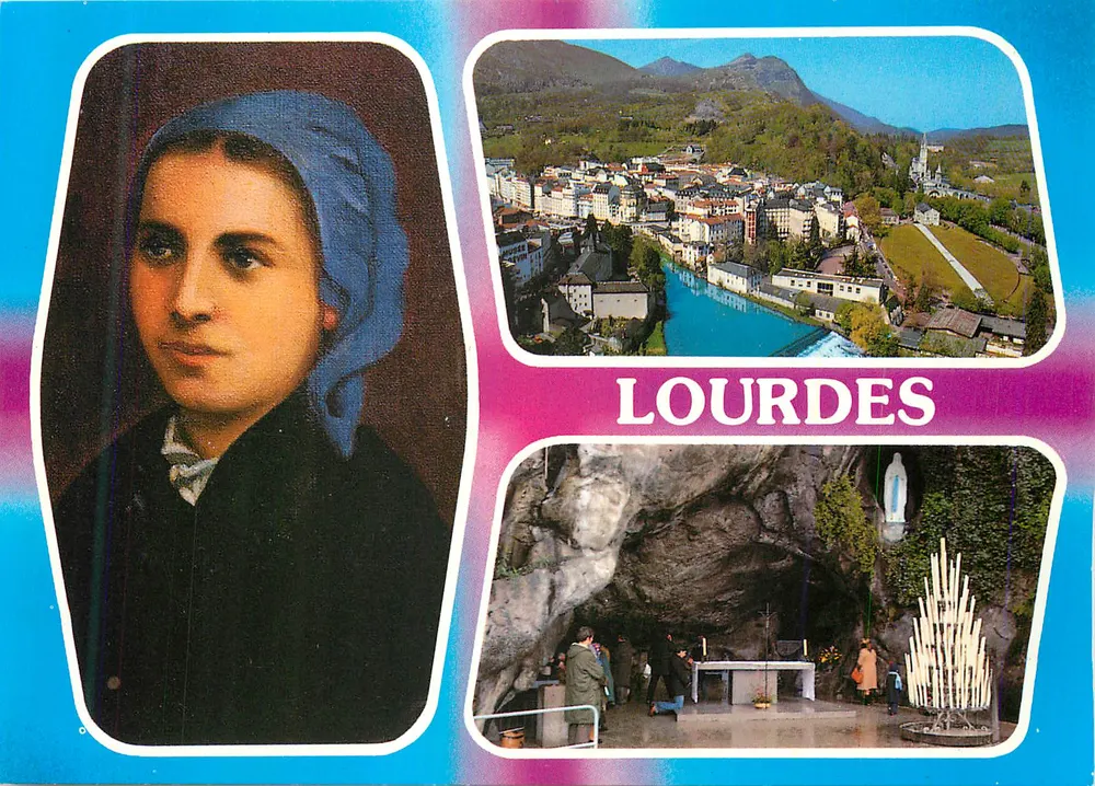 Lourdes — Vista aérea e gruta — Retrato de Bernadette Soubirous — Editor A. Doucet, n° C 264 - Frente
