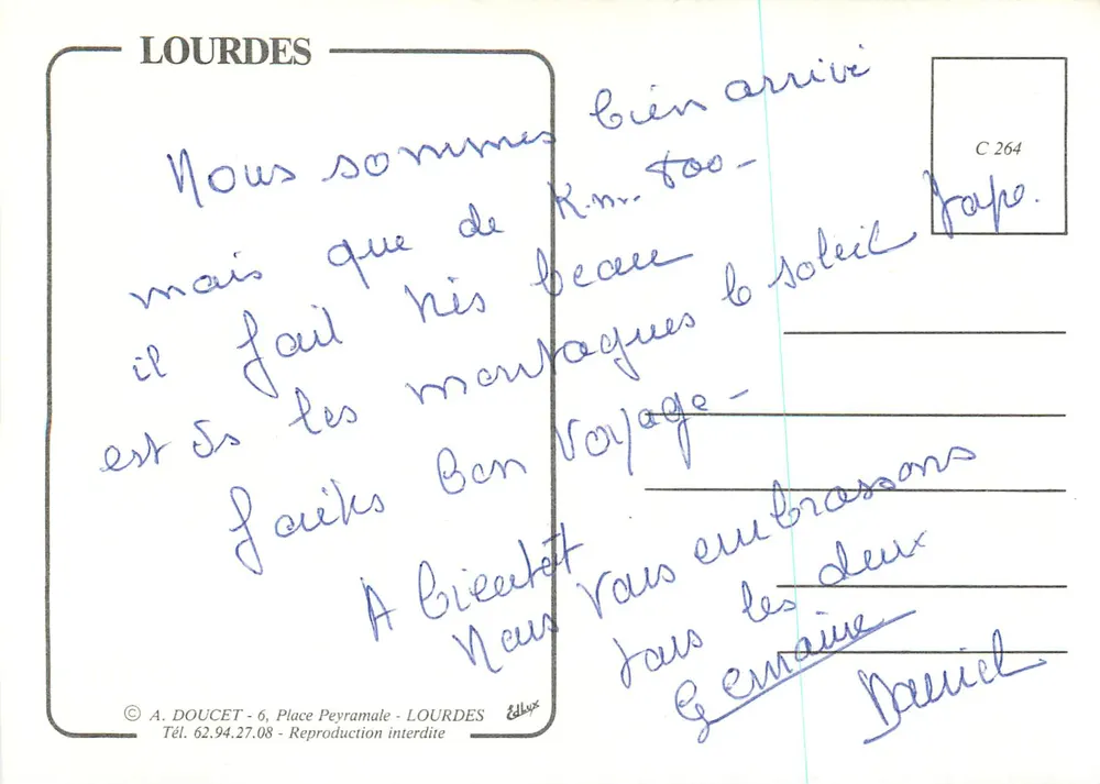 Lourdes — Vista aérea e gruta — Retrato de Bernadette Soubirous — Editor A. Doucet, n° C 264 - Verso