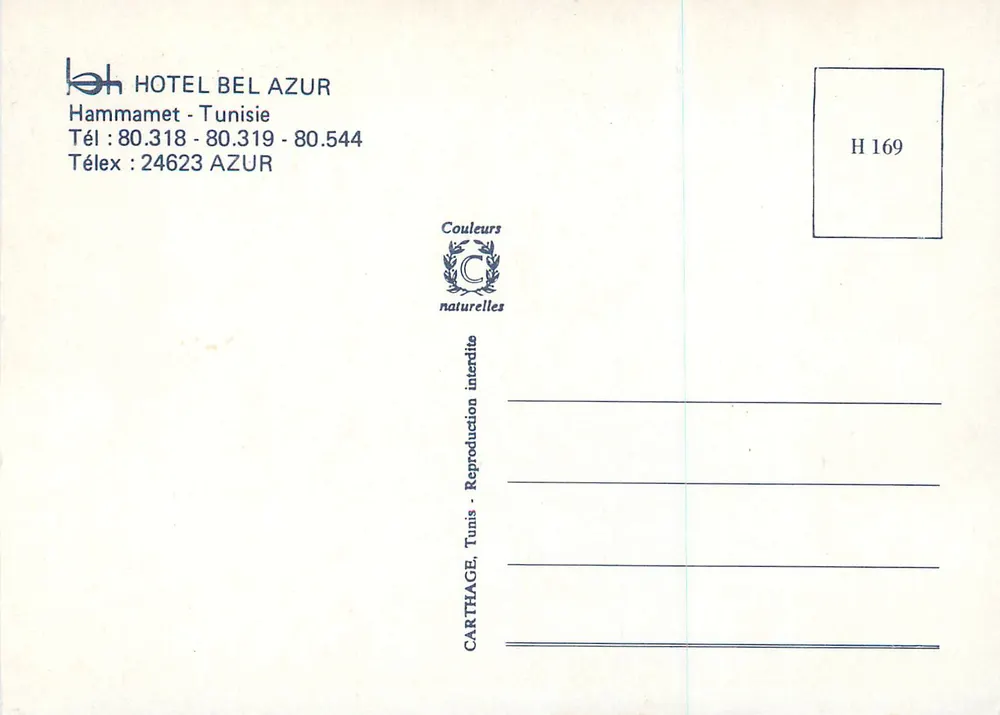 Hôtel Bel Azur — Hammamet, Tunisia — publisher Carthage, no. H 169 - Back
