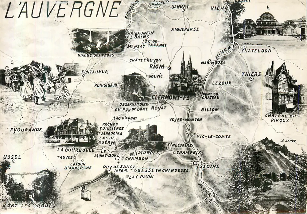 Auvergne — Illustrierte Ansichtskarte mit Karte und Touristen-Vignetten — Cie des Arts Photomécaniques - Vorderseite
