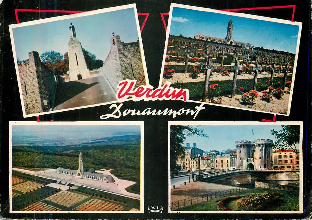 Verdun-Douaumont — Monumento da Vitória, Ossuário, Vista aérea, Ponte e Porta Chaussée — Édit. La Cigogne, Reims - Frente