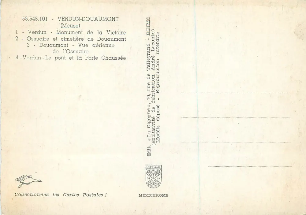 Verdun-Douaumont — Monumento da Vitória, Ossuário, Vista aérea, Ponte e Porta Chaussée — Édit. La Cigogne, Reims - Verso