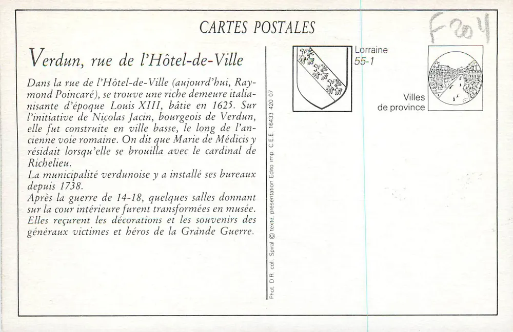 Verdun — Rue de l'Hôtel-de-Ville — Aufnahme vom Platz Cheyert. Edition Nontolles-Galaries — Verdun - Rückseite