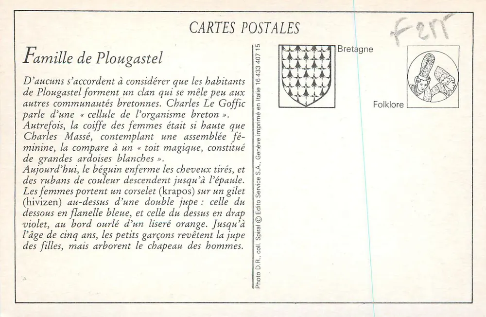 Trajes de Plougastral — Bretanha — Edição Spirale, coleção D.R. n° 15 - Verso