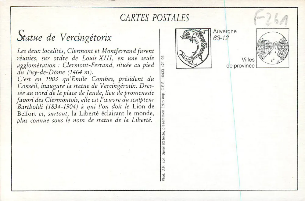Clermont-Ferrand — La Statue de Vercingétorix — Selecta - Verso