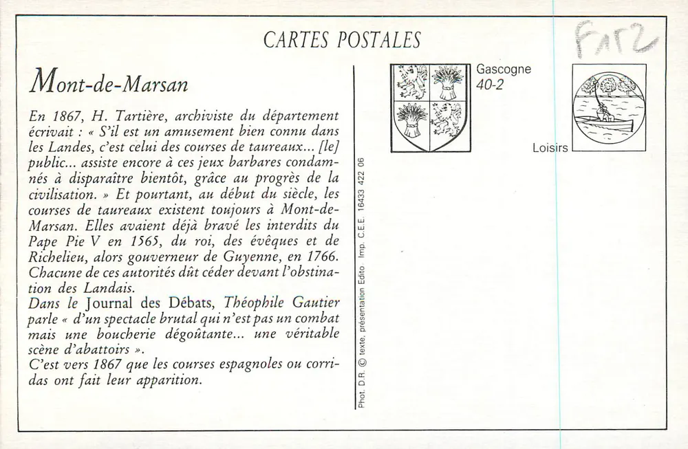 Mont-de-Marsan - Spaanse paardenrennen — H. Marquet, fot. — Uitgave van de Nieuwe Galerijen, Aux Quatre-Cantons - Achterkant