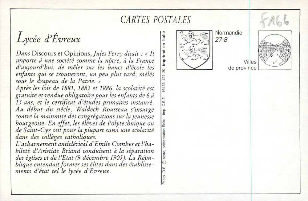 Lycée d'Évreux — A Cour dos Grandes — Editor C.E.E. n° 27-8 - Verso