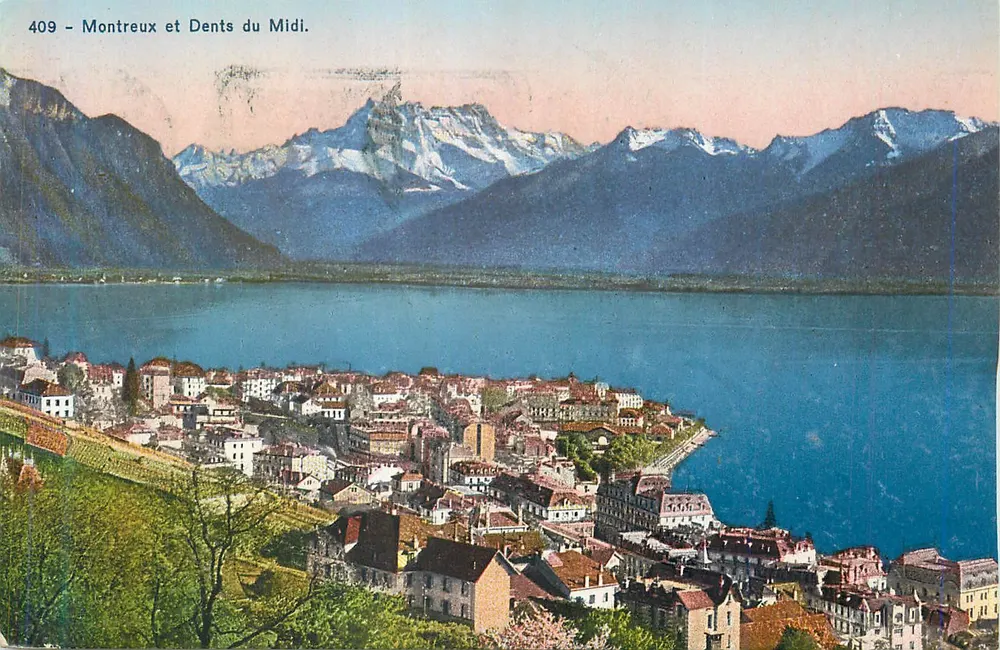 Montreux e Dents du Midi — vista panorâmica — Sociedade Gráfica Neuchâtel, n° 409 - Frente