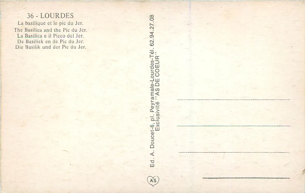 Lourdes — Basílica e o Pic du Jer — Ed. A. Doucet - Verso