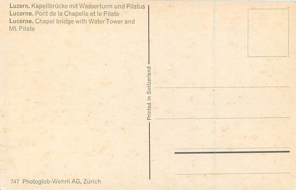 Lucerna. Kapellbrücke com Wasserturm e Pilatus — Photoglob-Wehrli AG, Zurique, n° 747 - Verso