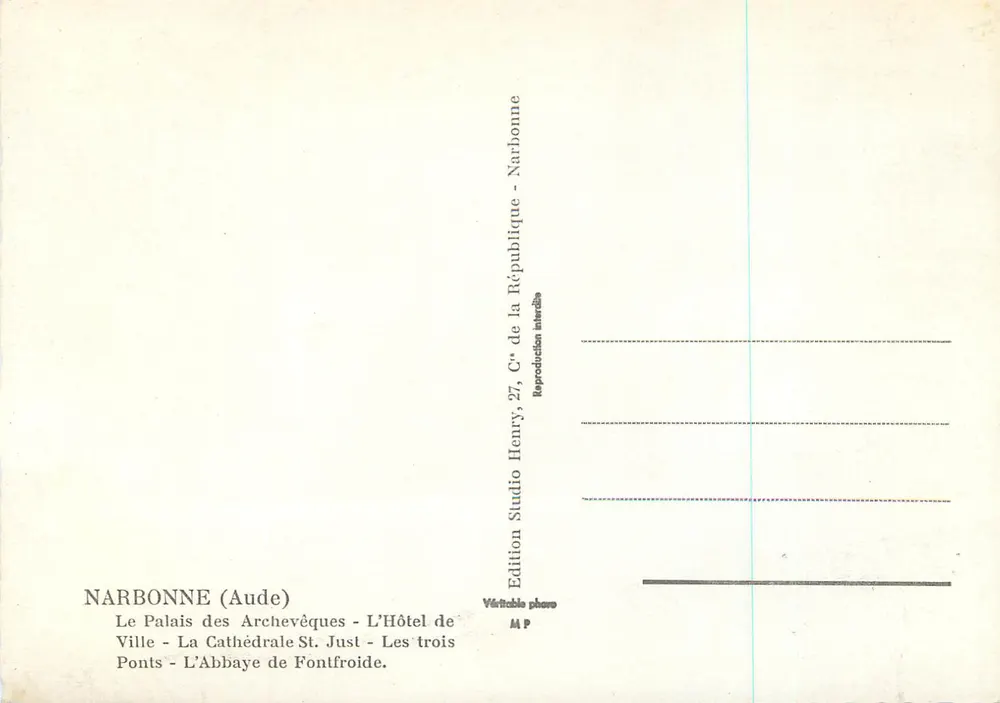 NARBONNE — cidade de arte e história — Edição Studio Henry, 27, Rua da República, Narbonne - Verso