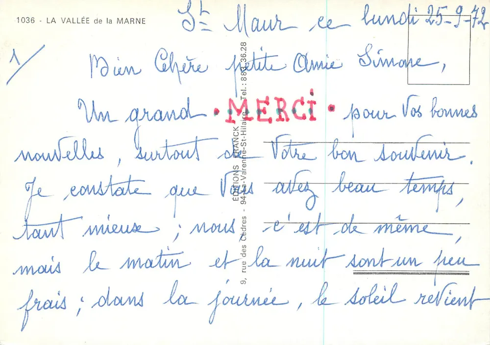 A Vale da Marne — Edições Franck — n° 1036 - Verso